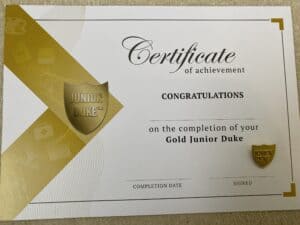 Junior Duke Award gold certificate