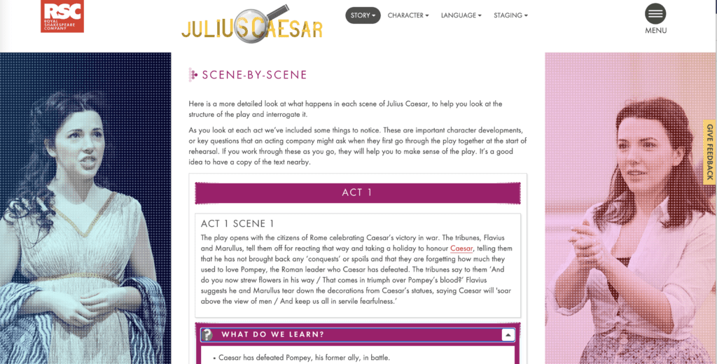 Screenshot of the Royal Shakespeare Company website's Julius Caesar resources