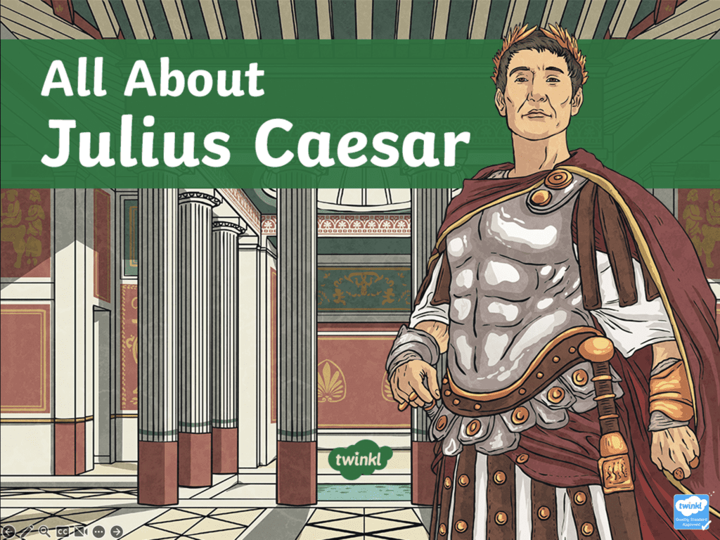 Front cover for Twinkl's PowerPoint presentation on the life of Julius Caesar