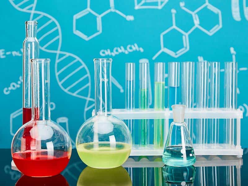 Flasks and test tubes in a laboratory