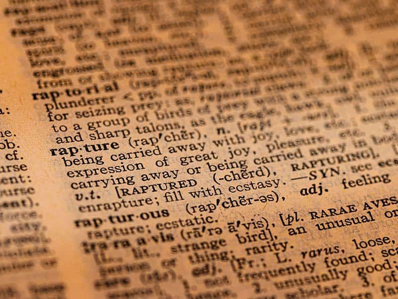 Close-up of a dictionary with the word "rapture" highlighted