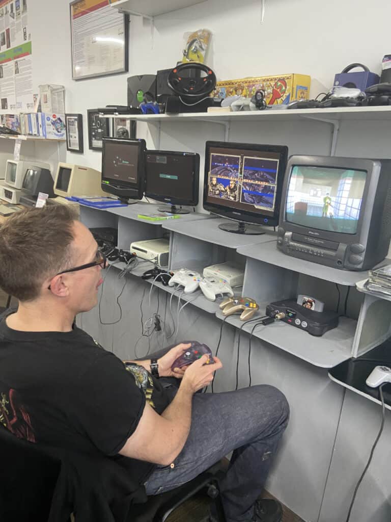A person playing the Facility level on Goldeneye 007 on the Nintendo 64 at the North West Computer Museum in Leigh